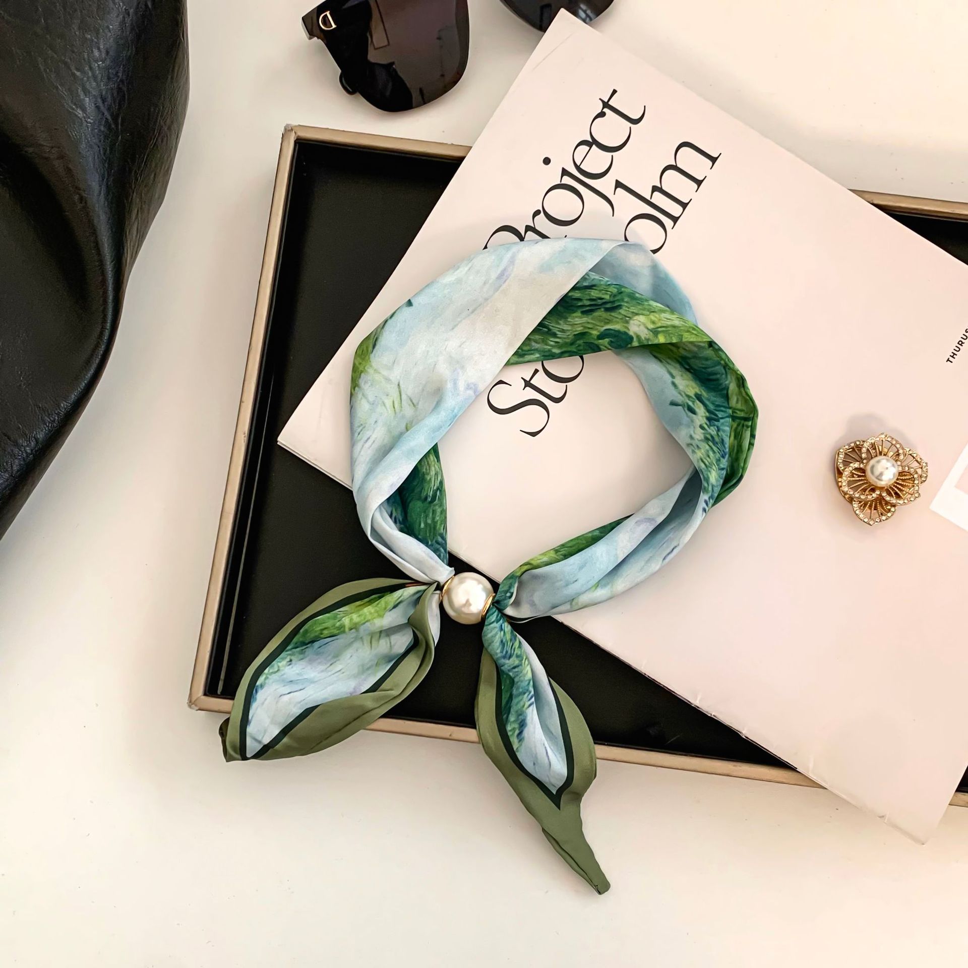 Pearl Trim Chain - Cashew Flower Silk Scarf Effortless Collarbone