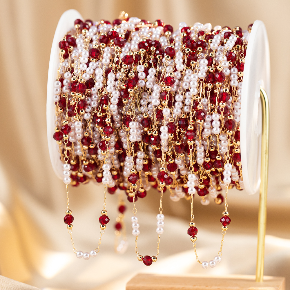 Pearl Trim Chain - 50cm/100cm Imitation Pearl Copper Chain Red