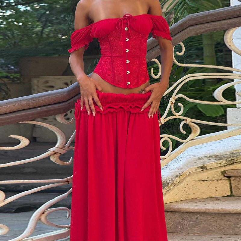 Chic Red Off Shoulder Corset T - Elastic Lace Trim のレビューと価格