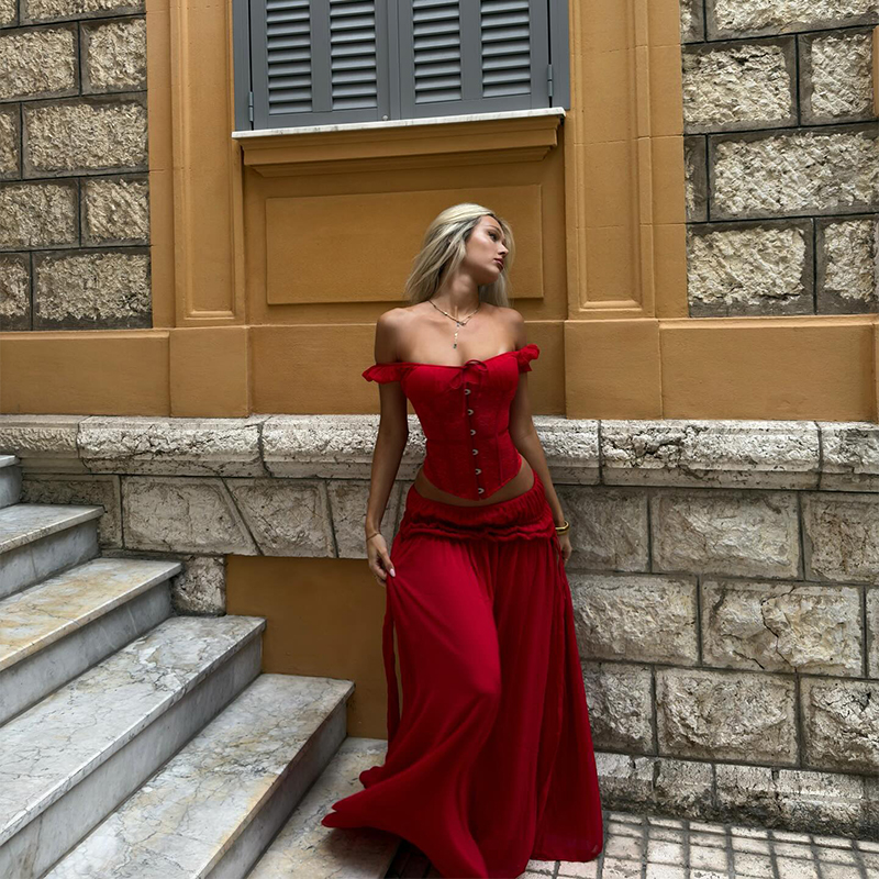 Chic Red Off Shoulder Corset T - Elastic Lace Trim のレビューと価格