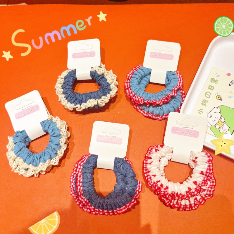 Lace Trim Denim Hair Ties Red  - Elastic Lace Trim のレビューと価格