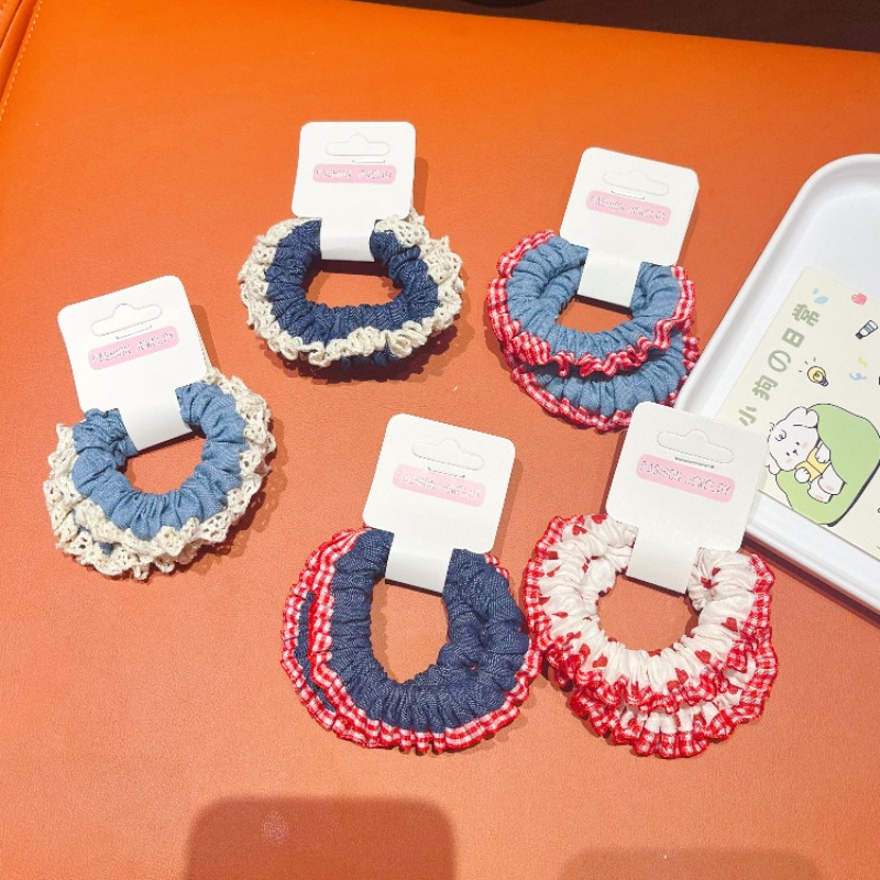 Lace Trim Denim Hair Ties Red  - Elastic Lace Trim のレビューと価格