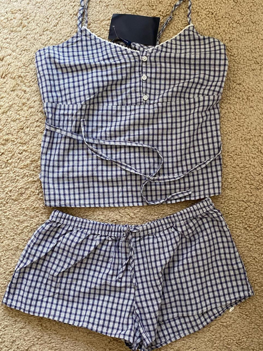 Navy Plaid Tank Shorts 2 Piece - Elastic Lace Trim のレビューと価格