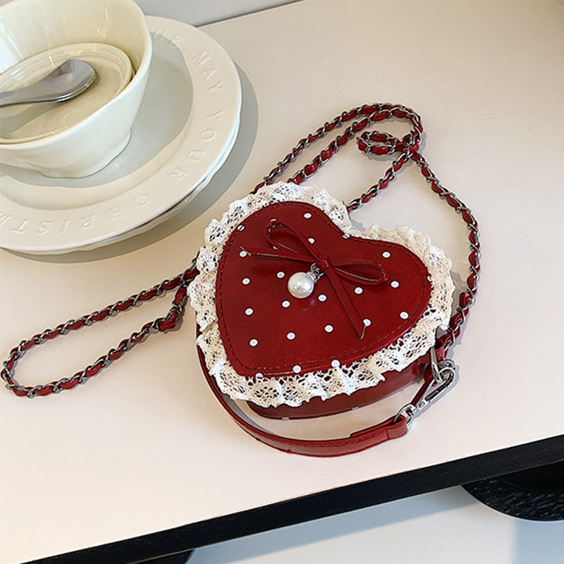 Red Heart Shaped Crossbody Bag - Pearl Trim Chain のレビューと価格