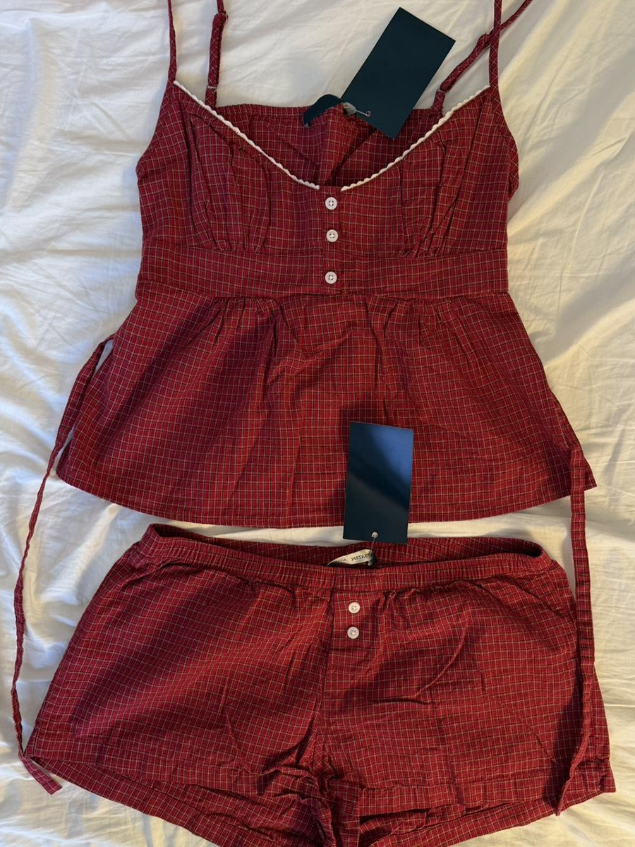 Red Plaid Buttons Tank Shorts  - Elastic Lace Trim のレビューと価格