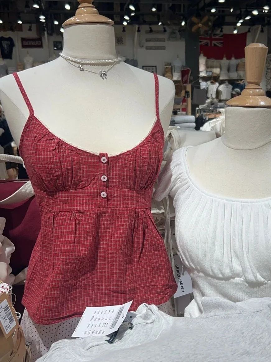 Red Plaid Buttons Tank Shorts  - Elastic Lace Trim のレビューと価格