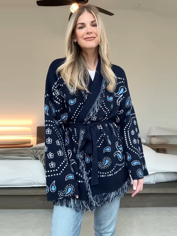 Elegant Print Tassel Cardigan  - Tassel Fringe Trim のレビューと価格