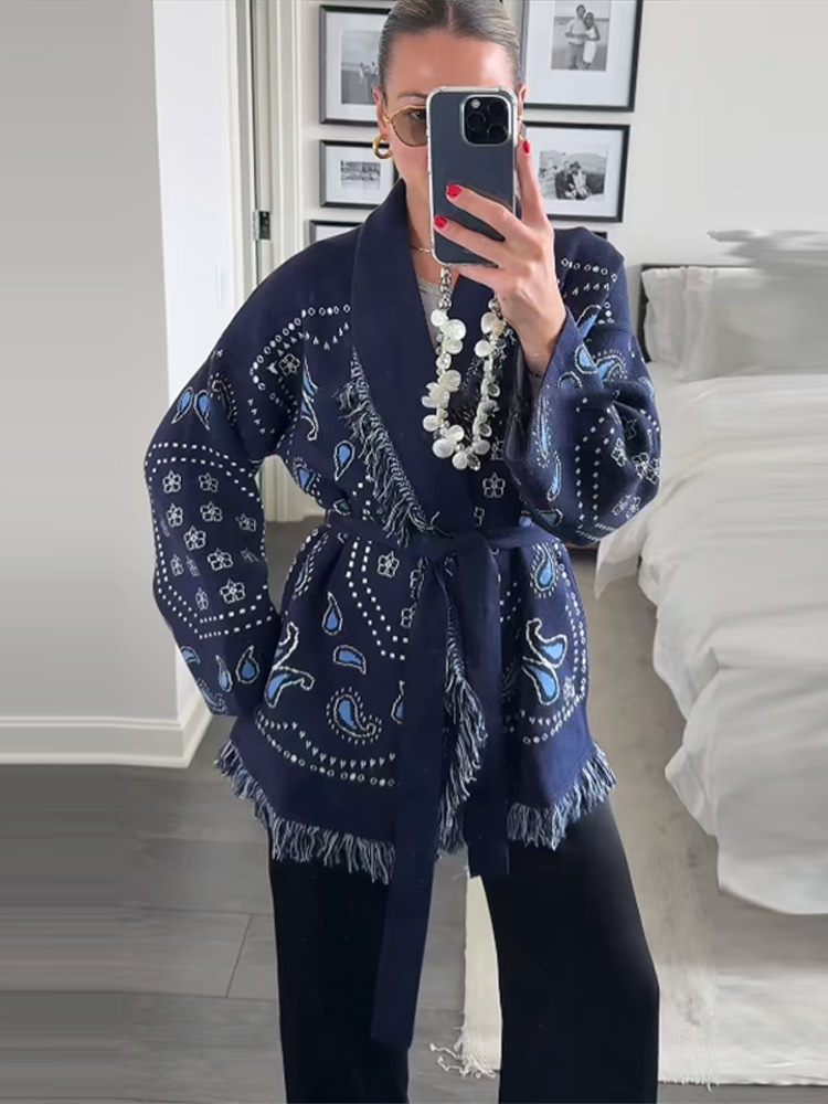 Elegant Print Tassel Cardigan  - Tassel Fringe Trim のレビューと価格
